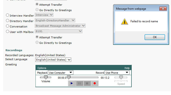 Cisco Unity - Failed to record name issue